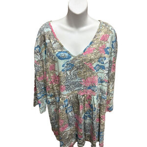 Ulla Popken Womens Shirt Plus Size 20/22 Casual Blouse 3/4 Sleeve Floral V-neck